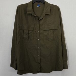 Old Navy Button Down Collar Army Dark Green Utility Shirt Blouse Top Women